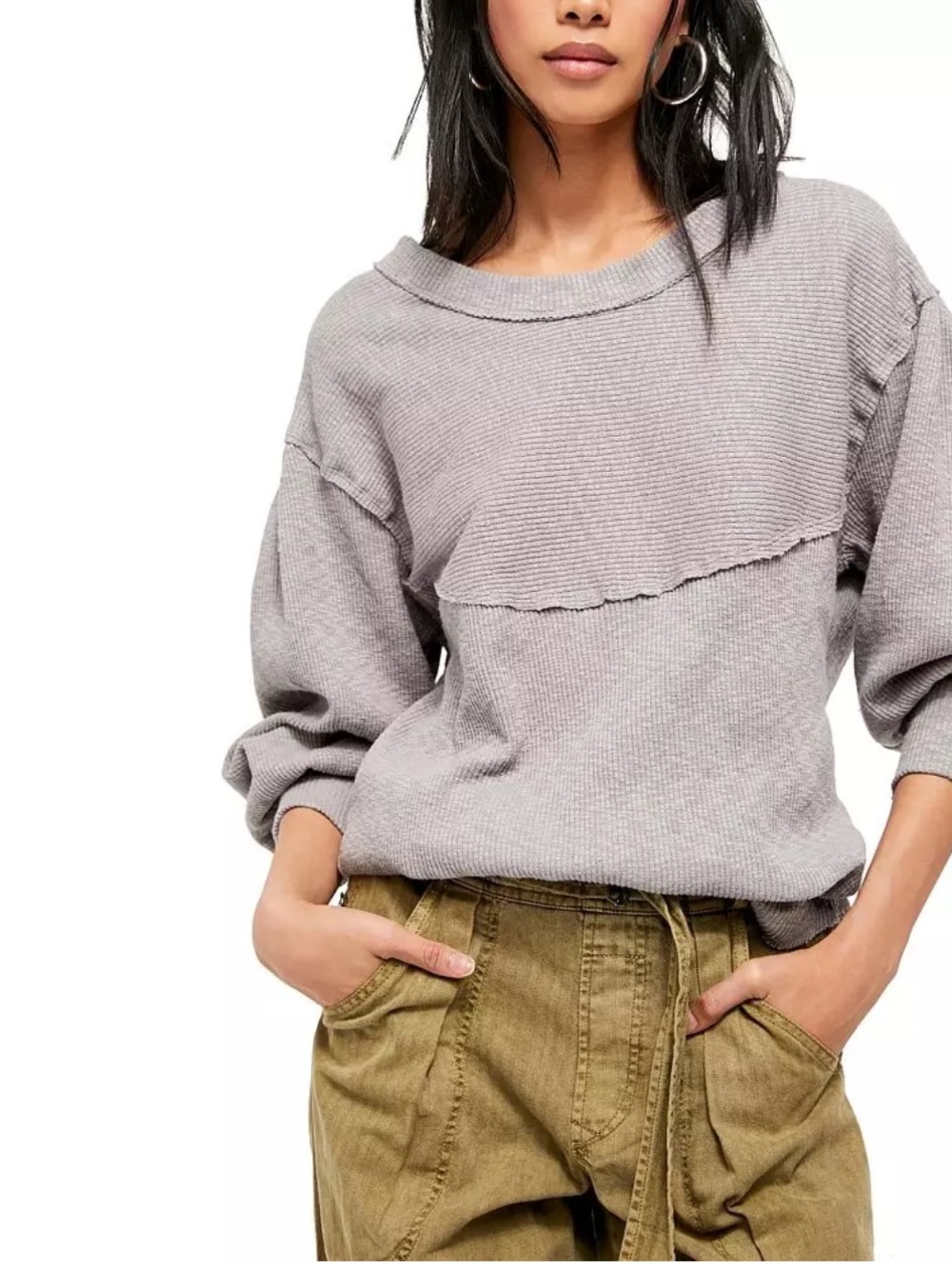 Free People We The Free Black Thermal Long Sleeve Top Oversized M
